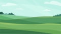 Landscape vector illustration. Green meadow field, hill, plants and blue sky with clouds. Nature spring, summer farm