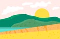 Landscape vector illustration. Hilly country. Kind on lake. Sun