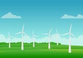 Landscape vector illustration with wind turbine in green field and blue sky Royalty Free Stock Photo