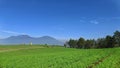 Landscape of vegetable plantations at the foot of mountaint with blue sky background