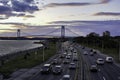 Landscape with Verrazano Bridge, sunset, New York Harbor, Belt Parkway