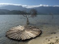 Landscape  with mountains, sea, sun and traditional attributes Royalty Free Stock Photo