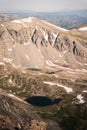 Landscape view of alpine lake surrounded by mountains from the top of Quandary Peak in Colorado. Royalty Free Stock Photo