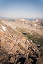 Landscape view of alpine lake surrounded by mountains from the top of Quandary Peak in Colorado. Royalty Free Stock Photo