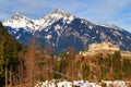 Landscape view of Alps with Highline 179 bridge and Ehrenberg Ruins. Reutte, Tyrol, Austria. Royalty Free Stock Photo