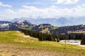 Landscape view of Alps snow mountain with pine tree looking from Royalty Free Stock Photo