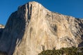 A landscape view of the amazing El Capitan from the canyon floor at Yosemite National Park, USA against a beautiful bright blue Royalty Free Stock Photo