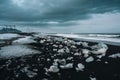 Landscape View Of The Amazing Jokulsarlon Beach Diamond Beach With Giant Ice Rocks On The Lava Black Beach, Shine Like