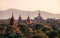 Landscape view of ancient temples at colorful golden sunset, Bagan, Myanmar Royalty Free Stock Photo