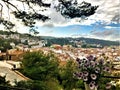 Landscape, sky, trees, flowers and balcony in Tossa de Mar, Spain Royalty Free Stock Photo