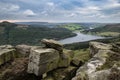 Landscape view from Bamford Edge in Peak District towards Ladybower Reservoir and Win Hill. Royalty Free Stock Photo