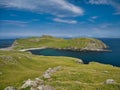 Landscape view of the beach and Isle Fethaland across the Wick of Breibister in the north of Mainland, Shetland, Scotland, UK Royalty Free Stock Photo