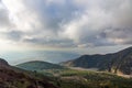 Landscape view of beautiful green mountains and the Bay of Naples from volcano Vesuvius, Italy Royalty Free Stock Photo