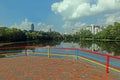 Landscape view of a beautiful lake with a bridge in the bottanical garden dhaka bangladesh on 20th November 2023