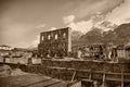 Landscape view of beautiful mountains landscape in valley Aosta. Teatro Romano, Aosta, Italy. Artwork in retro style