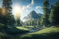 Beautiful natural landscape with green mountains, blue sky, trees, sunlight, water, and flowers in the morning Royalty Free Stock Photo