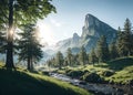 Beautiful natural landscape with green mountains, blue sky, trees, sunlight, water, and flowers in the morning Royalty Free Stock Photo