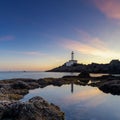 landscape view of the Botafoc Lighthouse in Ibiza Town Port at sunsetwith reflections in tidal pools in the foreground