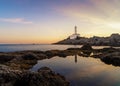 landscape view of the Botafoc Lighthouse in Ibiza Town Port at sunsetwith reflections in tidal pools in the foreground