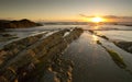 A landscape view of Broad Haven beach at dusk and sunset in Broad Haven, Pembrokeshire, Wales, UK. Taken in July 2014 Royalty Free Stock Photo