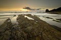 A landscape view of Broad Haven beach at dusk and sunset in Broad Haven, Pembrokeshire, Wales, UK. Taken in July 2014 Royalty Free Stock Photo