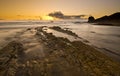 A landscape view of Broad Haven beach at dusk and sunset in Broad Haven, Pembrokeshire, Wales, UK. Taken in July 2014 Royalty Free Stock Photo