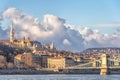 A landscape view of Budapest city in the evening, the Hungarian parliament building and otherr buildings along Danube river, Royalty Free Stock Photo