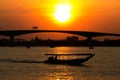 Landscape View Chao Phraya River with twilight light of sunset and boat on river with the bridge
