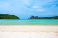 Landscape view of coastline with limestone rock and boats on ocean at Ko Phi Phi islands, Thailand. Concept of exotic tropical Royalty Free Stock Photo