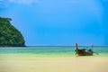 Landscape view of coastline with limestone rock and boats on ocean at Ko Phi Phi islands, Thailand. Concept of exotic tropical Royalty Free Stock Photo