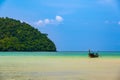 Landscape view of coastline with limestone rock and boats on ocean at Ko Phi Phi islands, Thailand. Concept of exotic tropical Royalty Free Stock Photo