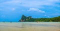 Landscape view of coastline with limestone rock and boats on ocean at Ko Phi Phi islands, Thailand. Concept of exotic tropical Royalty Free Stock Photo