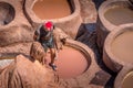 Landscape view of colorful barrels in a tannery Fez, Morocco Royalty Free Stock Photo