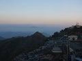 Landscape view in colorful morning sky with golden pagoda on hill in Myanmar