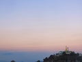 Landscape view in colorful morning sky with golden pagoda on hill in Myanmar