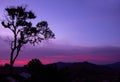 Landscape view of complex mountain with tree silhouette on sunset background in evening. Space for text Royalty Free Stock Photo