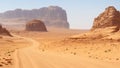 Landscape view of dusty road going far away nowhere in Wadi Rum desert, Jordan