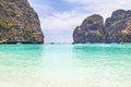 Landscape view of empty maya bay beautiful beach with limestone rock popular tropical beach in phi phi Island, krabi, thailand.