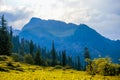 Landscape view of the fields and Manali mountains in India Royalty Free Stock Photo
