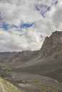 Landscape view of flowing river in between dry mountains in Darcha-Padum road.