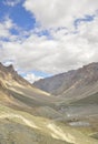 Landscape view of flowing river in between dry mountains in Darcha-Padum road.