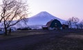 Landscape view Fuji mountain background and camping with house at fumoto para camping ground landmark fujinomiya shizuoka japan