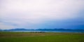 Landscape view of a green field with a mountain on the horizon under cloudy dusk sky Royalty Free Stock Photo