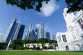 landscape view green park lawn area with skyscraper highrise building skyscrapers in the central business district of Singapore. Royalty Free Stock Photo