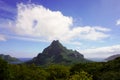 View of green Rotui mountain from Belvedere lookout on the island of Moorea in French Polynesia; copy space