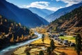 Landscape view of Himalayas mountains and river, Nepal, Scenic View of the Paro Valley, AI Generated Royalty Free Stock Photo