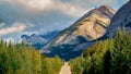 Landscape view of Icefield parkway road and Canadian rocky mountains Royalty Free Stock Photo