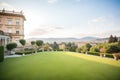 landscape view of an italianate villas belvedere overlooking a manicured garden