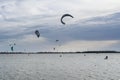 Landscape view of kitesurfing over the sea in Stagnone nature reserve in Marsala, Sicily, Italy