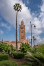 Landscape view of the Koutoubia mosque minaret and the garden in front.